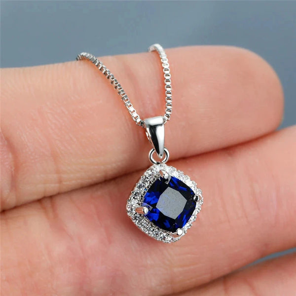 Cushion Cut Cubic Zirconia Silver Pendant Necklace-Giltoria