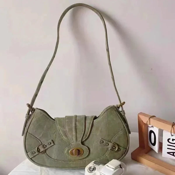 Y2K Green Rivet Canvas Shoulder Bag-Giltoria