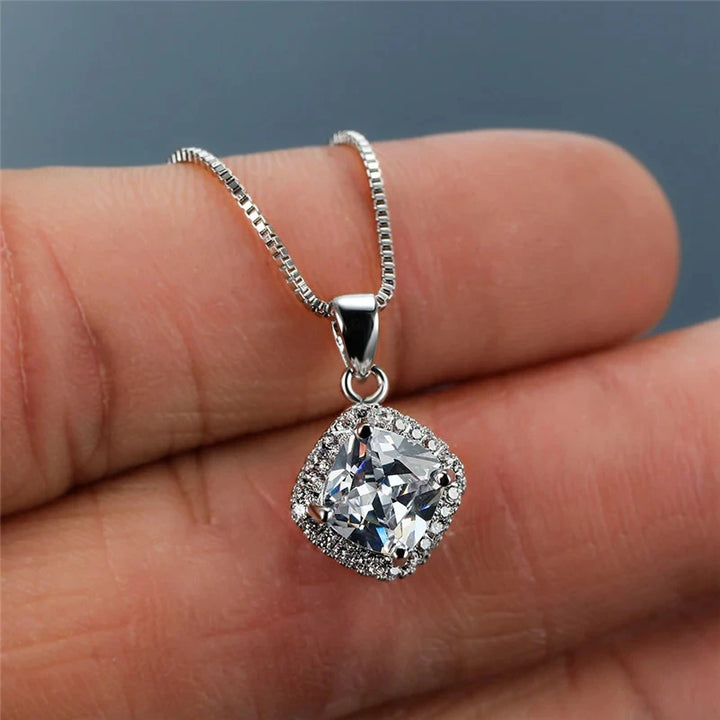 Cushion Cut Cubic Zirconia Silver Pendant Necklace-Giltoria