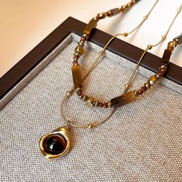 Retro Layered Tiger Eye Stone Pendant Necklace for Women-Giltoria