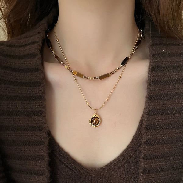 Retro Layered Tiger Eye Stone Pendant Necklace for Women-Giltoria