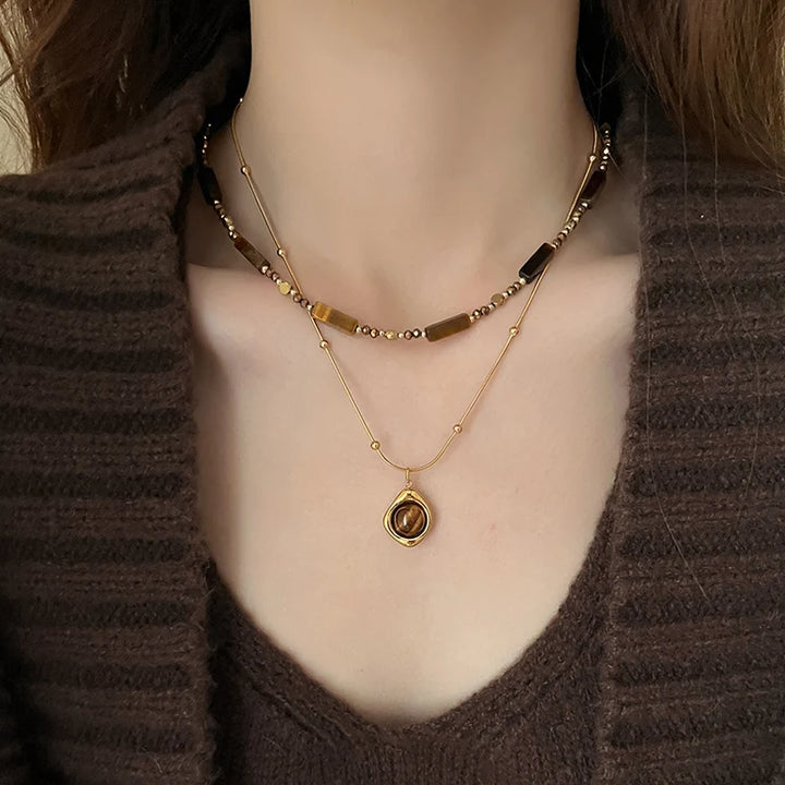 Retro Layered Tiger Eye Stone Pendant Necklace for Women-Giltoria