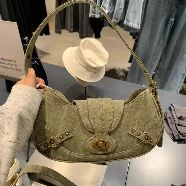 Y2K Green Rivet Canvas Shoulder Bag-Giltoria