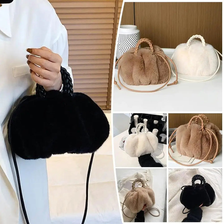 Trendy Fluffy Fur Bag with Braided Handles - Giltoria