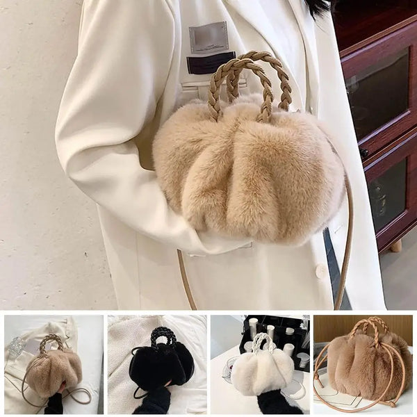 Trendy Fluffy Fur Bag with Braided Handles - Giltoria