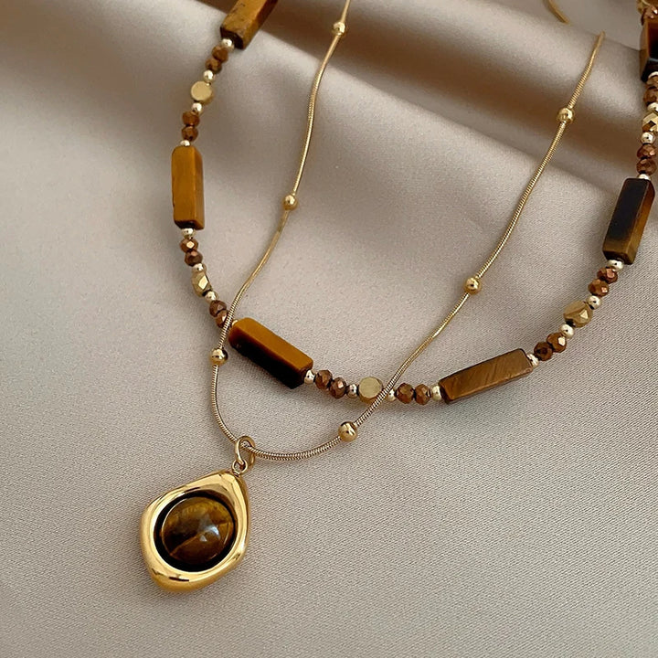 Retro Layered Tiger Eye Stone Pendant Necklace for Women-Giltoria