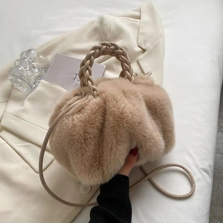 Trendy Fluffy Fur Bag with Braided Handles - Giltoria
